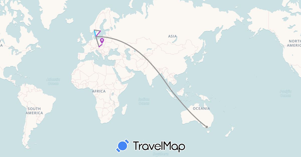 TravelMap itinerary: driving, plane, train, boat in Austria, Australia, Denmark, Norway, Poland, Sweden, Singapore (Asia, Europe, Oceania)